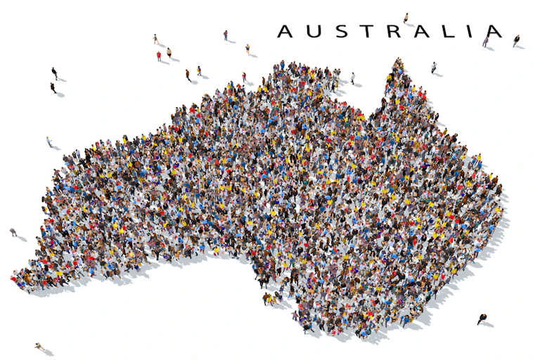 3D rendering of a map of Australia tightly packed with people