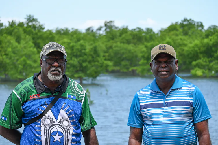 Paul Kabai and Pabai Pabai stand facing the camera with a swamp in the background at Boigu Island in the Torres Strait Islands.