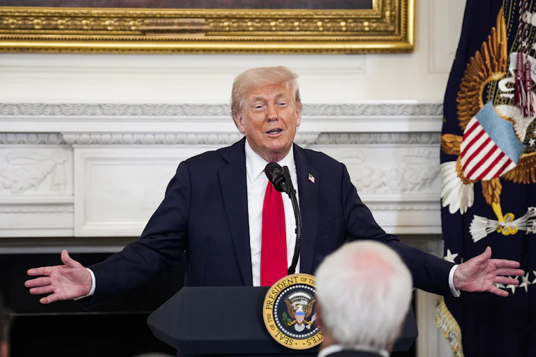 US President Donald Trump speaks at an event.