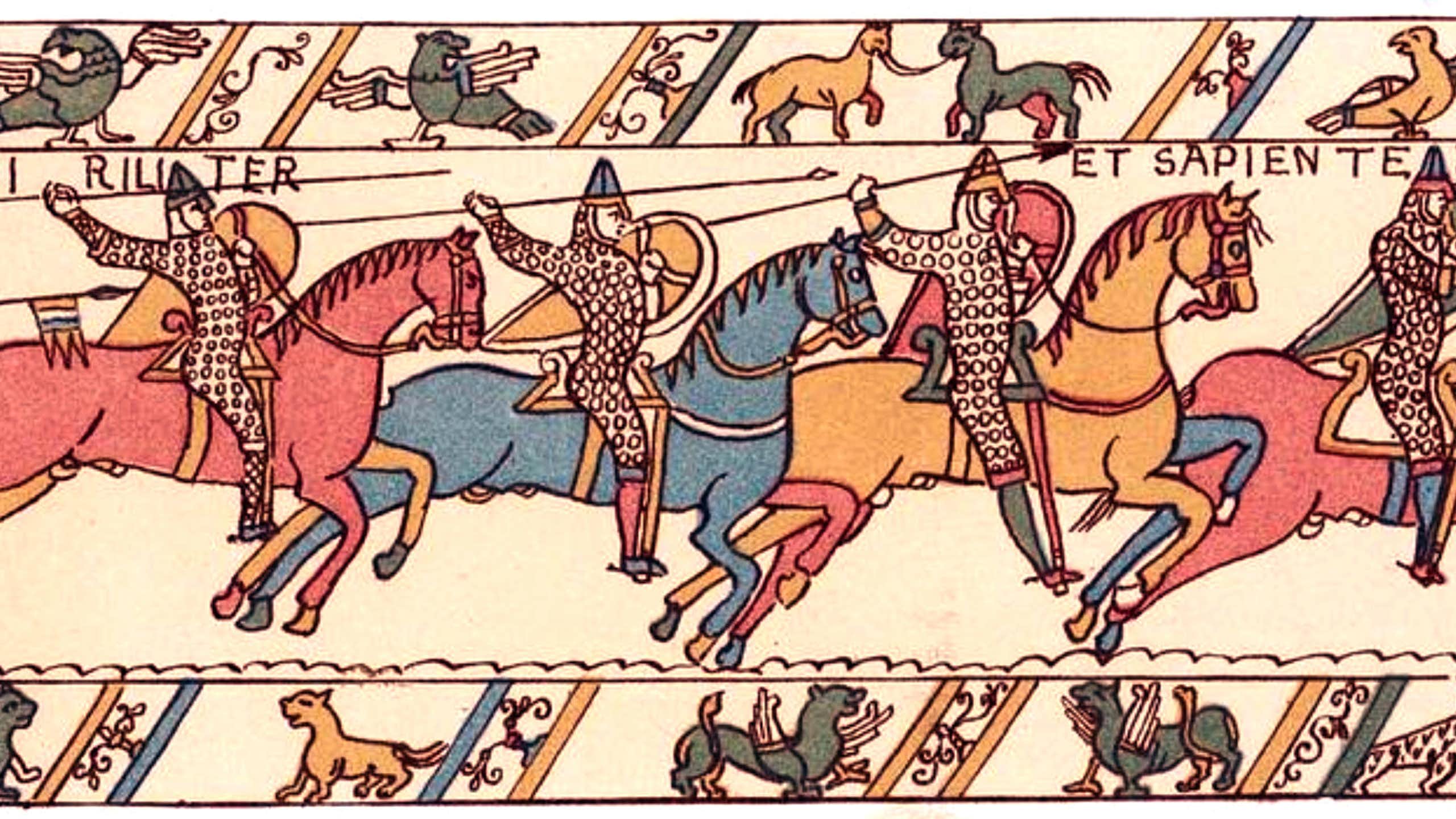 A section of the Bayeux Tapestry showing men on horseback.