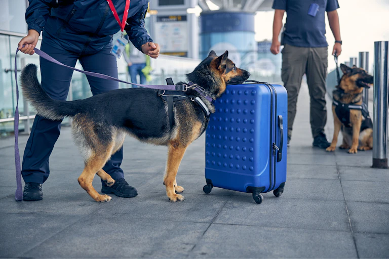 Sniffer dog smelling a suitcase at the airport.
