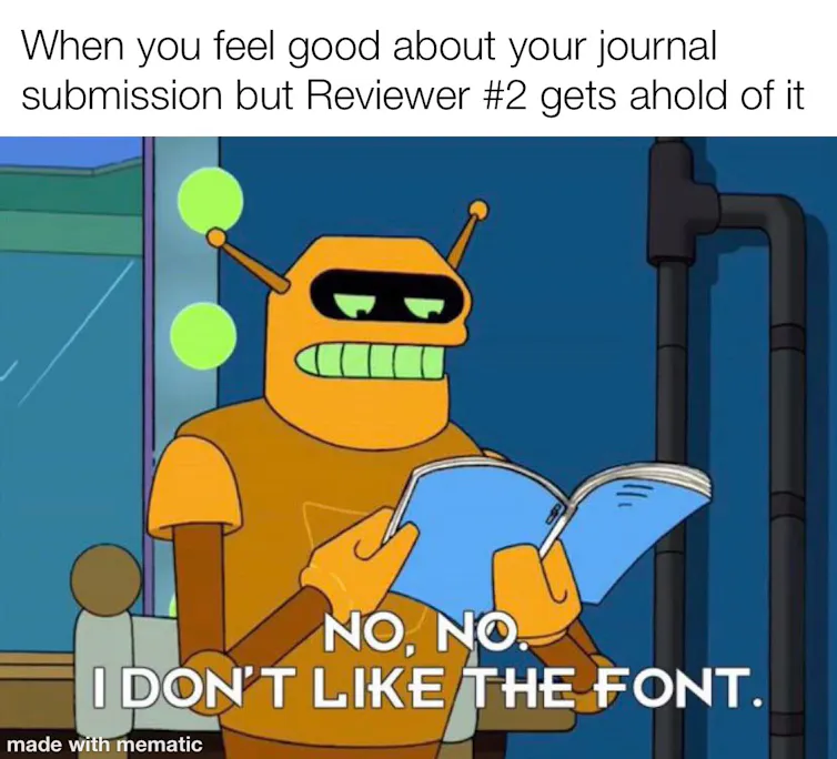 a robot holds a manuscript and says 'No. No. I don't like the font.'