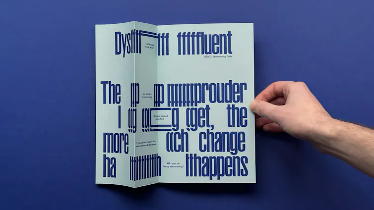 A piece of artwork showing a leaflet with repeating letters to indicate stammering.