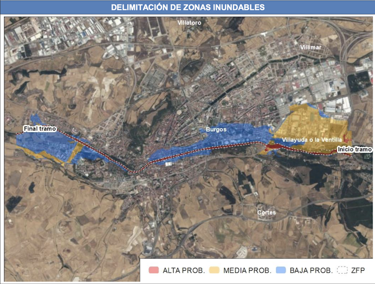 Mapa de peligrosidad de la ciudad de Burgos, con delimitación de zonas inundables según la probabilidad de ocurrencia