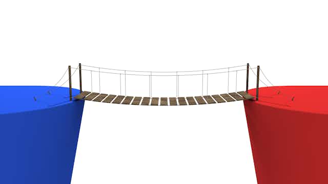illustration showing a blue cliff edge and a red cliff edge with a small plank bridge spanning the gap between them