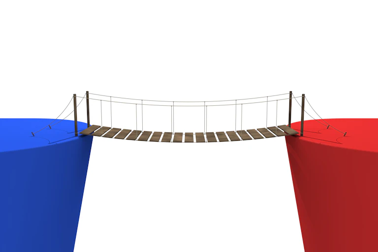 illustration showing a blue cliff edge and a red cliff edge with a small plank bridge spanning the gap between them