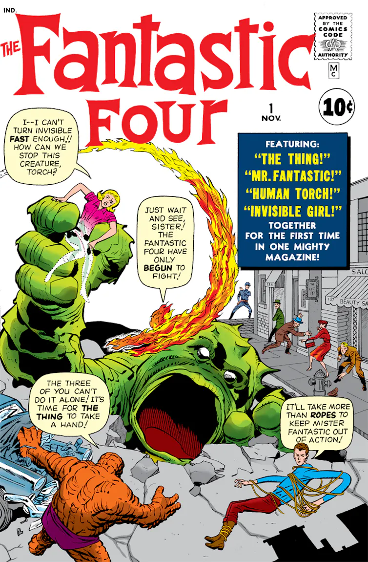 Comic book cover titled the Fantastic Four showing a large green monster grasping a woman while passerby look alarmed and a few figures try to intervene.