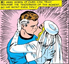 Como los cuatro fantásticos de Marvel revelaron a un hombre en la superponno 4 Ilustración rayada del novio en el traje y la novia enamorada de un vestido blanco.