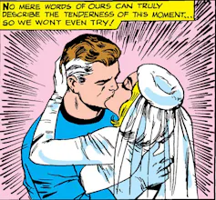Comic illustration of a groom in a suit and bride in white dress kissing.