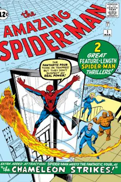 Spider man swings on a web and other superheroes are watching.