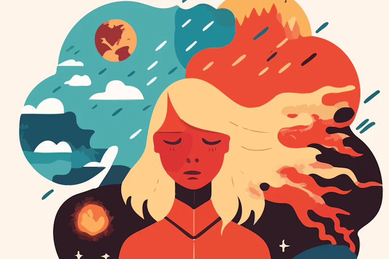 graphic of woman long hair, images of extreme weather in background