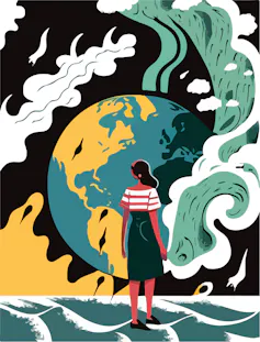 graphic of woman looking at planet Earth, surrounded by extreme weather