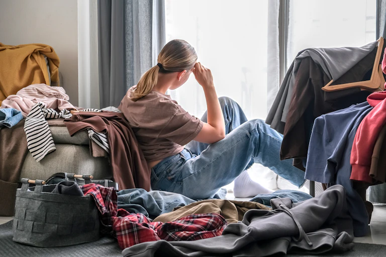 femme au milieu de vêtements