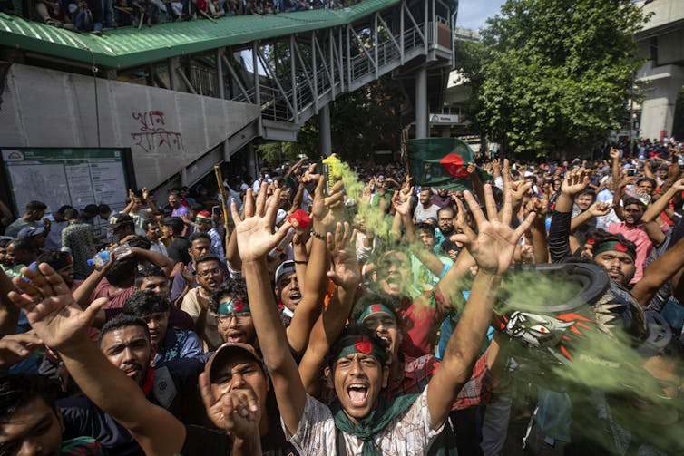 Demonstrators celebrate.