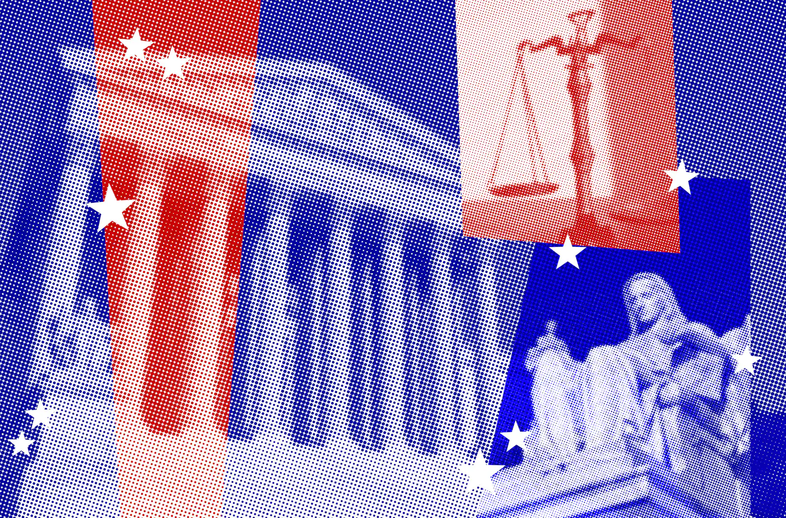 Supreme Court with red and blue overlay, statue of Lady Justice