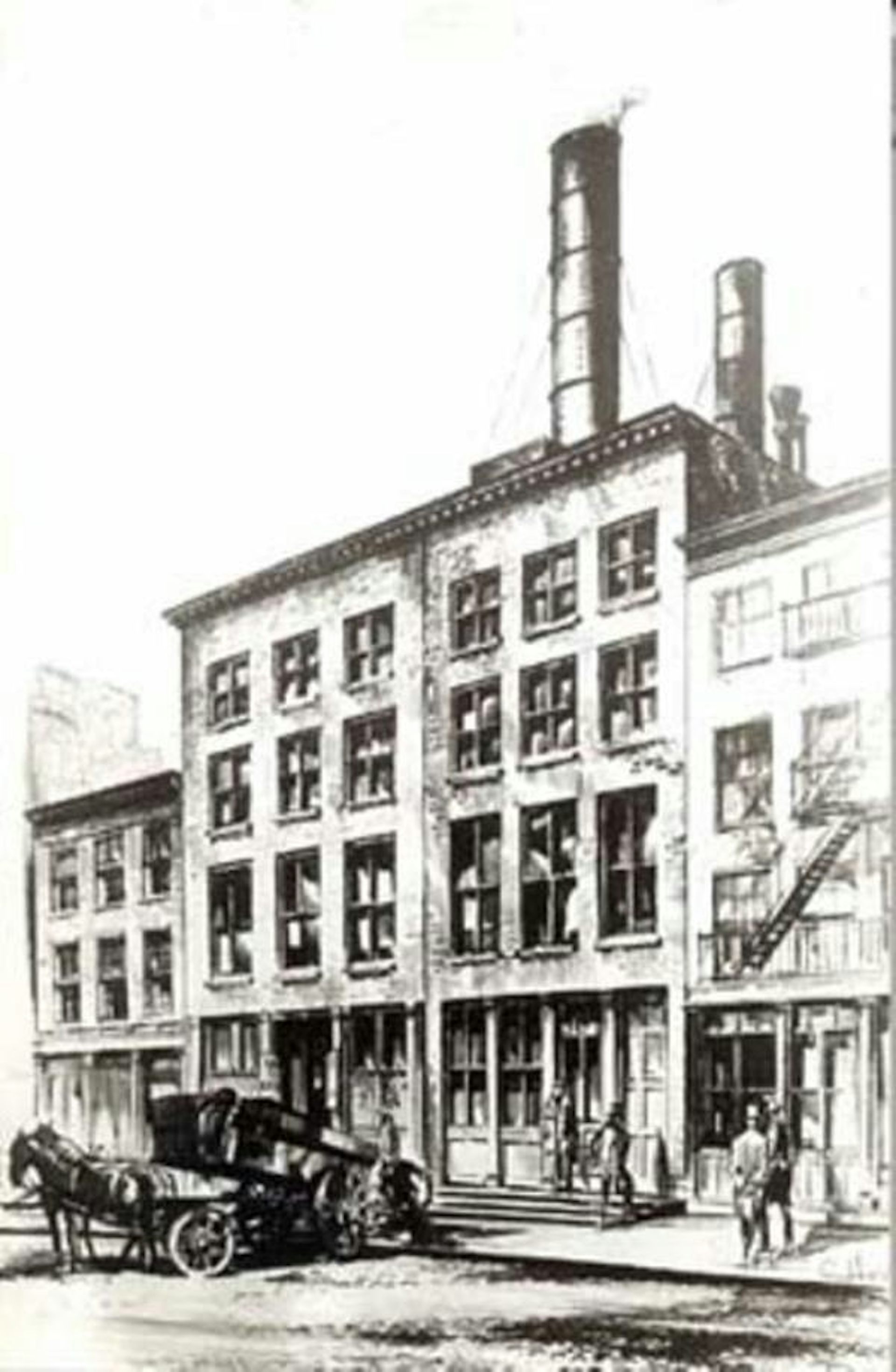 Sketch of a four-story city building with three tall smokestacks
