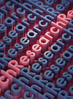 The word 'research' stacked many times.