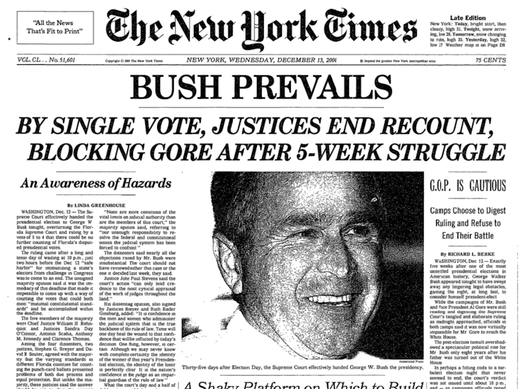Një histori e faqes kryesore të New York Times nga 13 dhjetori 2000, me titullin kryesor 'BUSH FITON.'