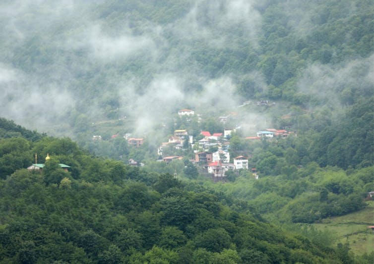 small village in forest, cloud