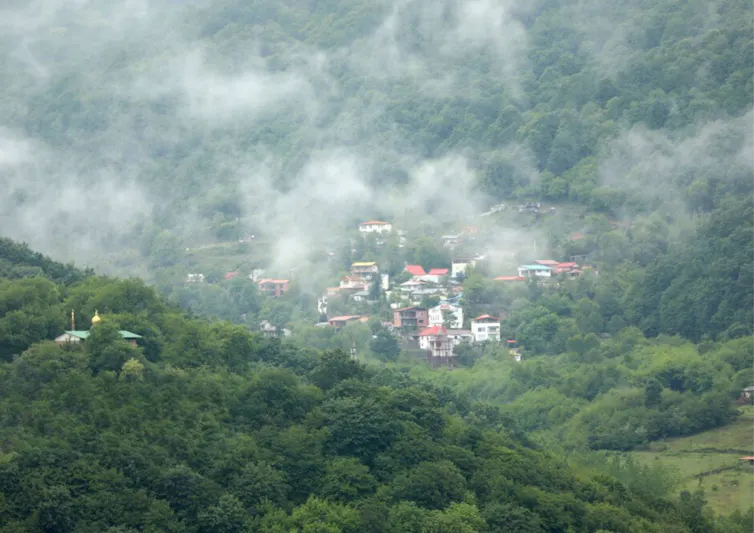 small village in forest, cloud