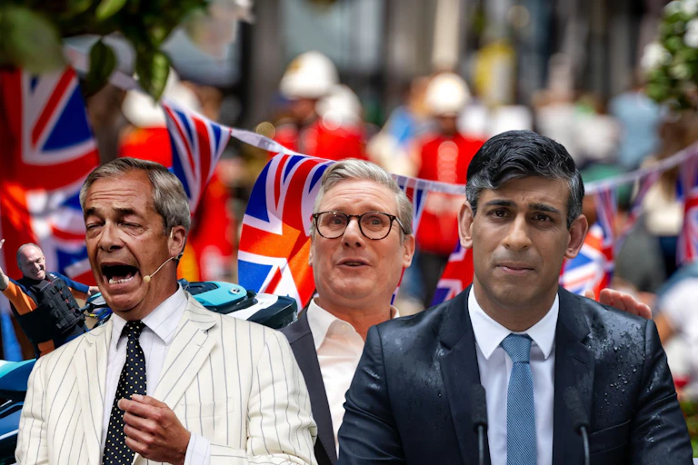 A composite of images of Nigel Farage, Ed Davey, Keir Starmer and Rishi Sunak during the 2024 election campaign.