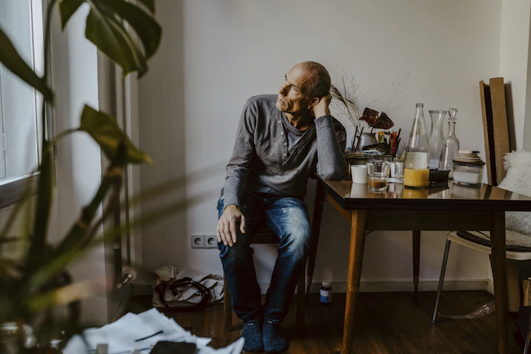 Older man sits alone
