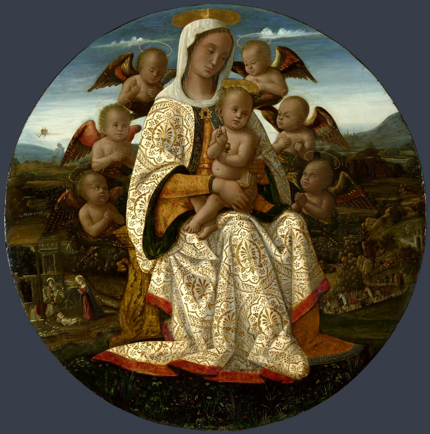 The Virgin Mary embraces the infant Christ.