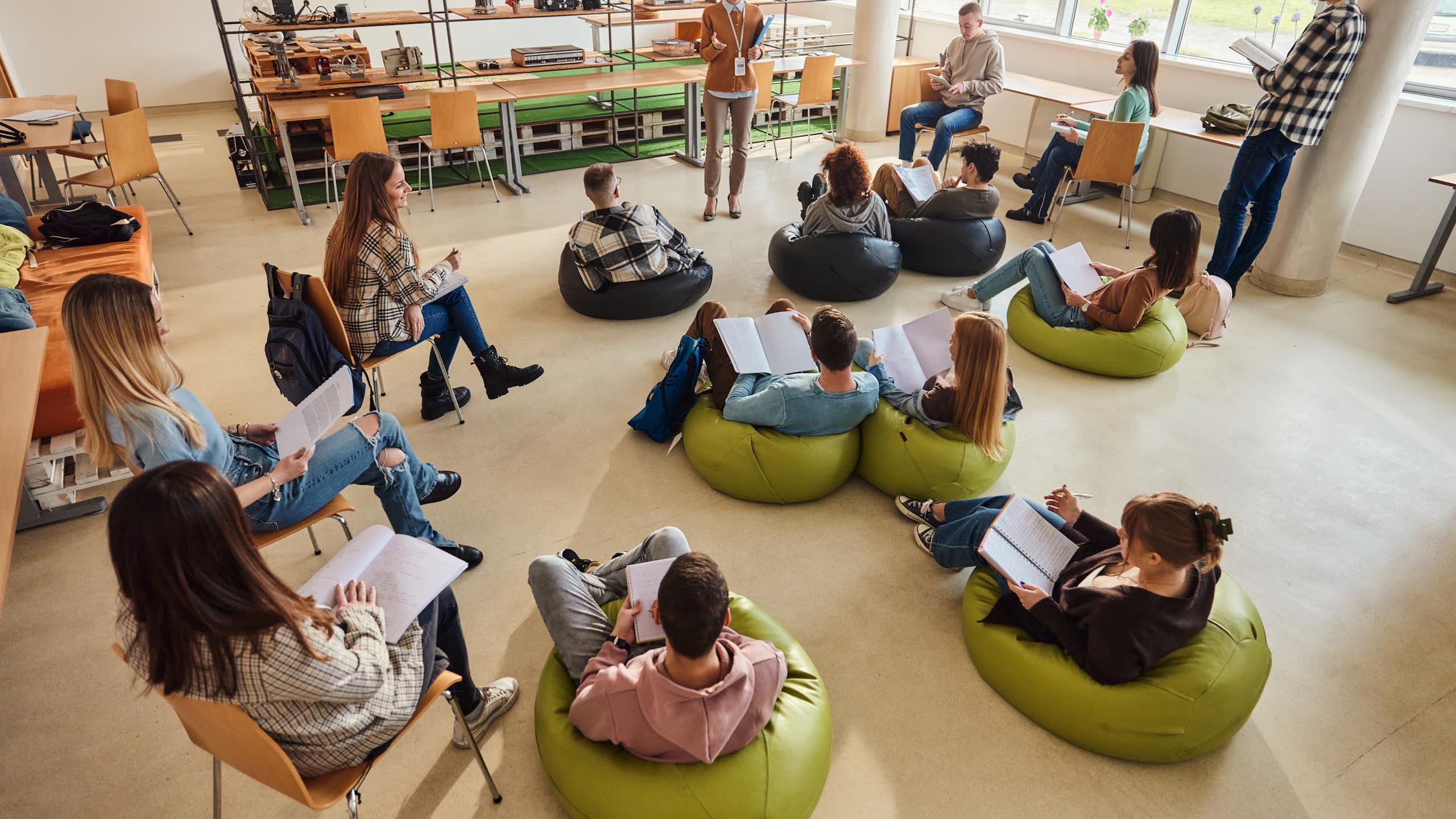 Students in a relaxed classroom.