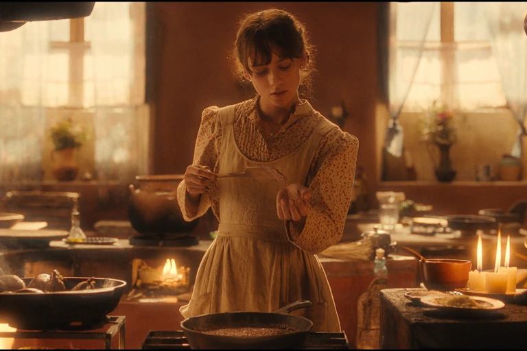 Una mujer cocina en un espacio lleno de ollas, especias y comida.