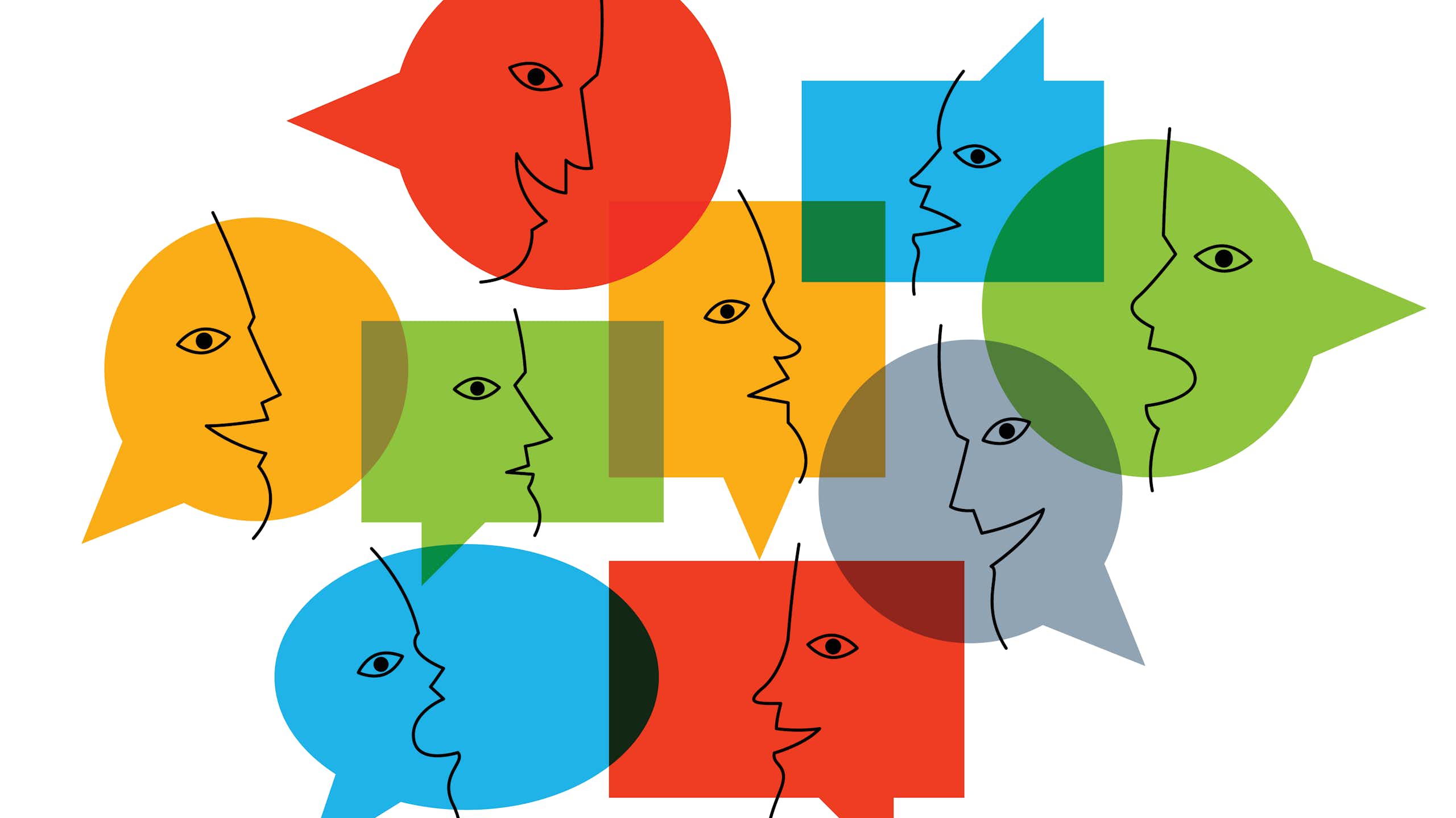 Ilustración con caras con la boca abierta contenidas en bocadillos de colores