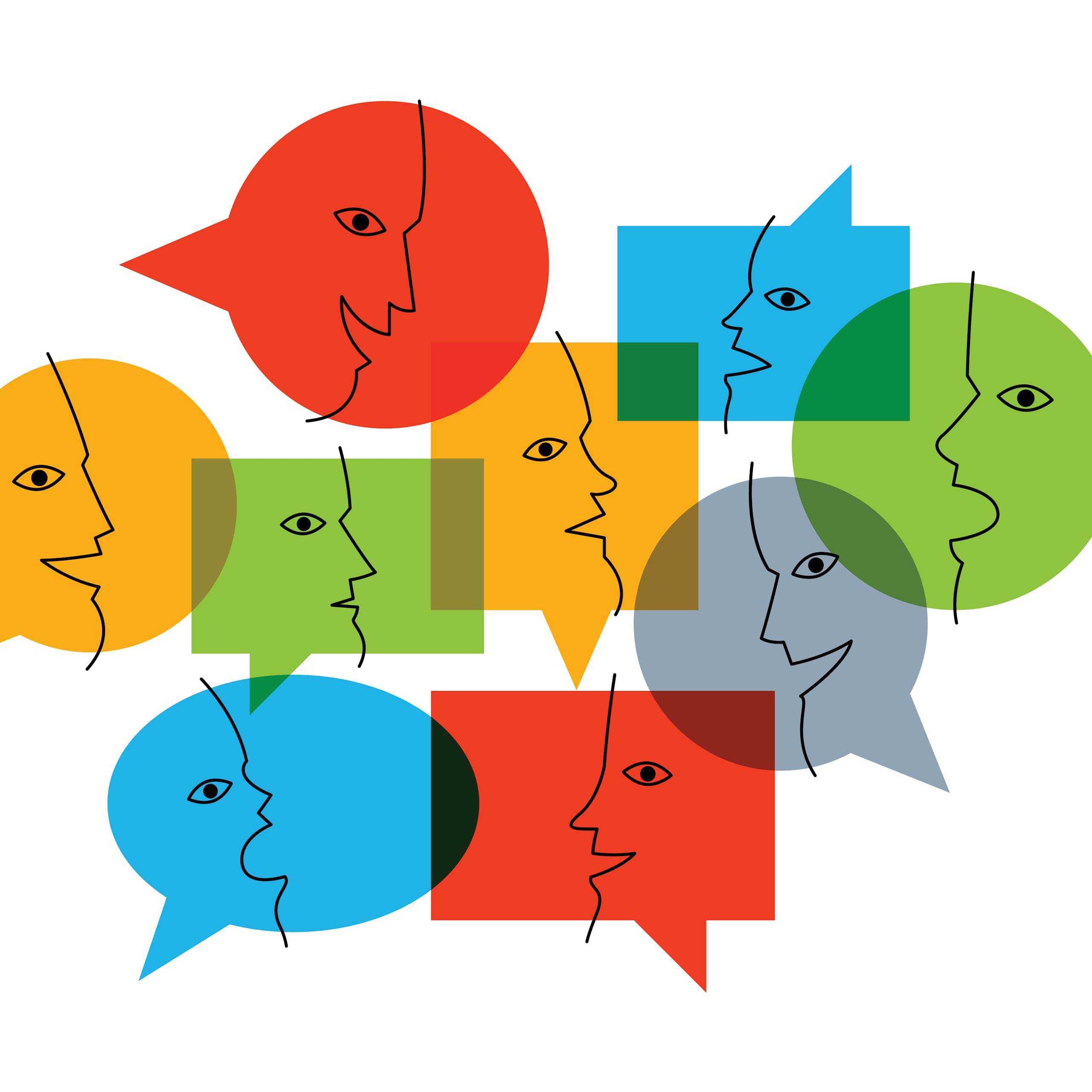 Ilustración con caras con la boca abierta contenidas en bocadillos de colores