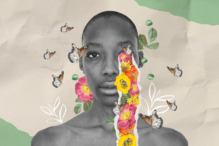 An illustration of an African woman with short natural hair, butterflies and leaves around her face and a gash of bright flowers runs from her eye down her face.