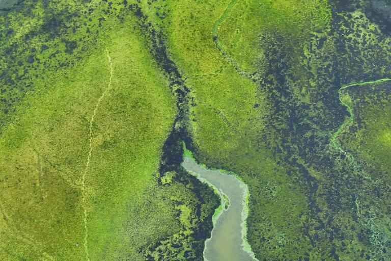 drone shot of pollution in river water