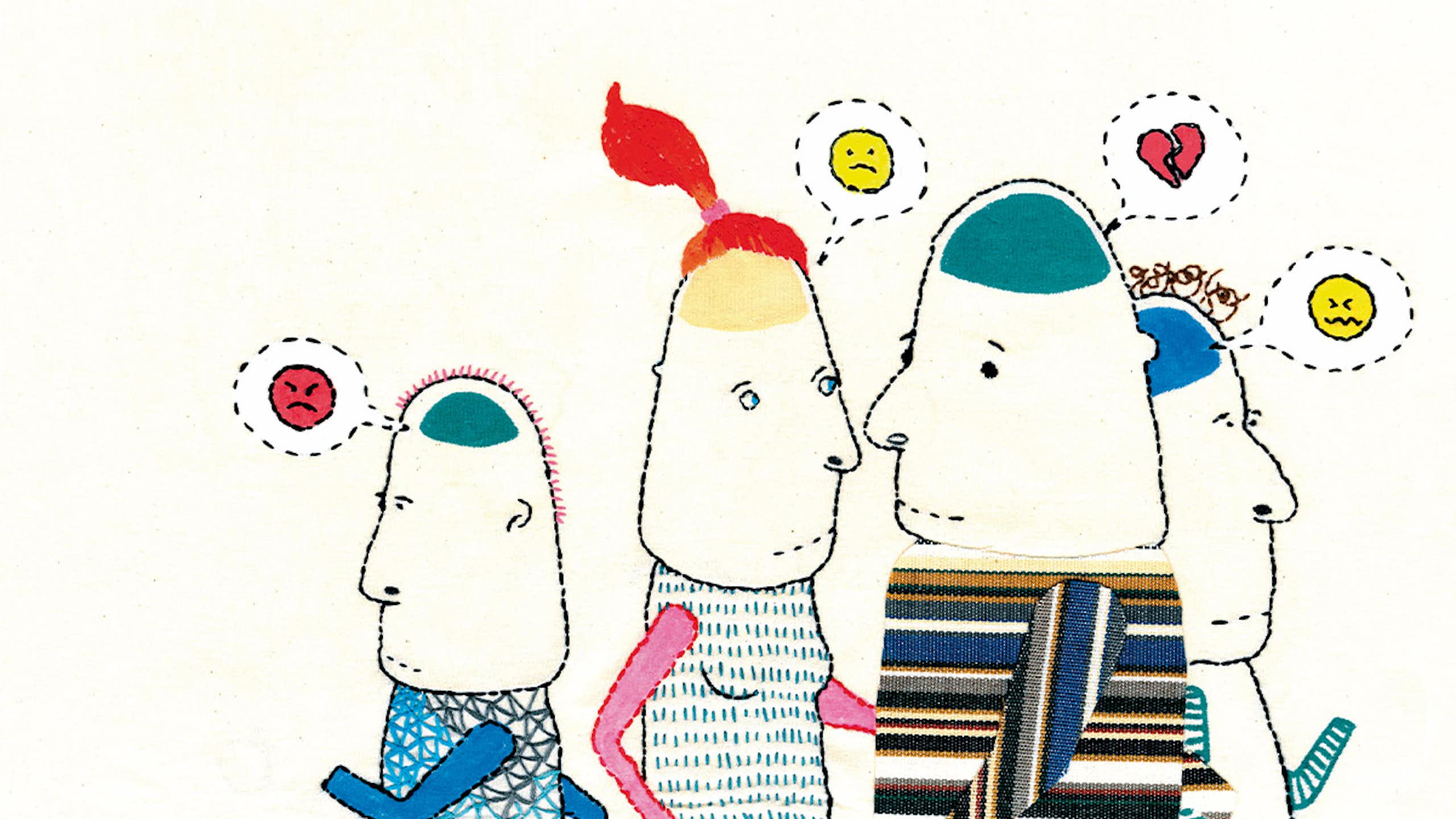 Ilustración que muestra a diferentes personas con bocadillos con emoticonos que representan sentimientos