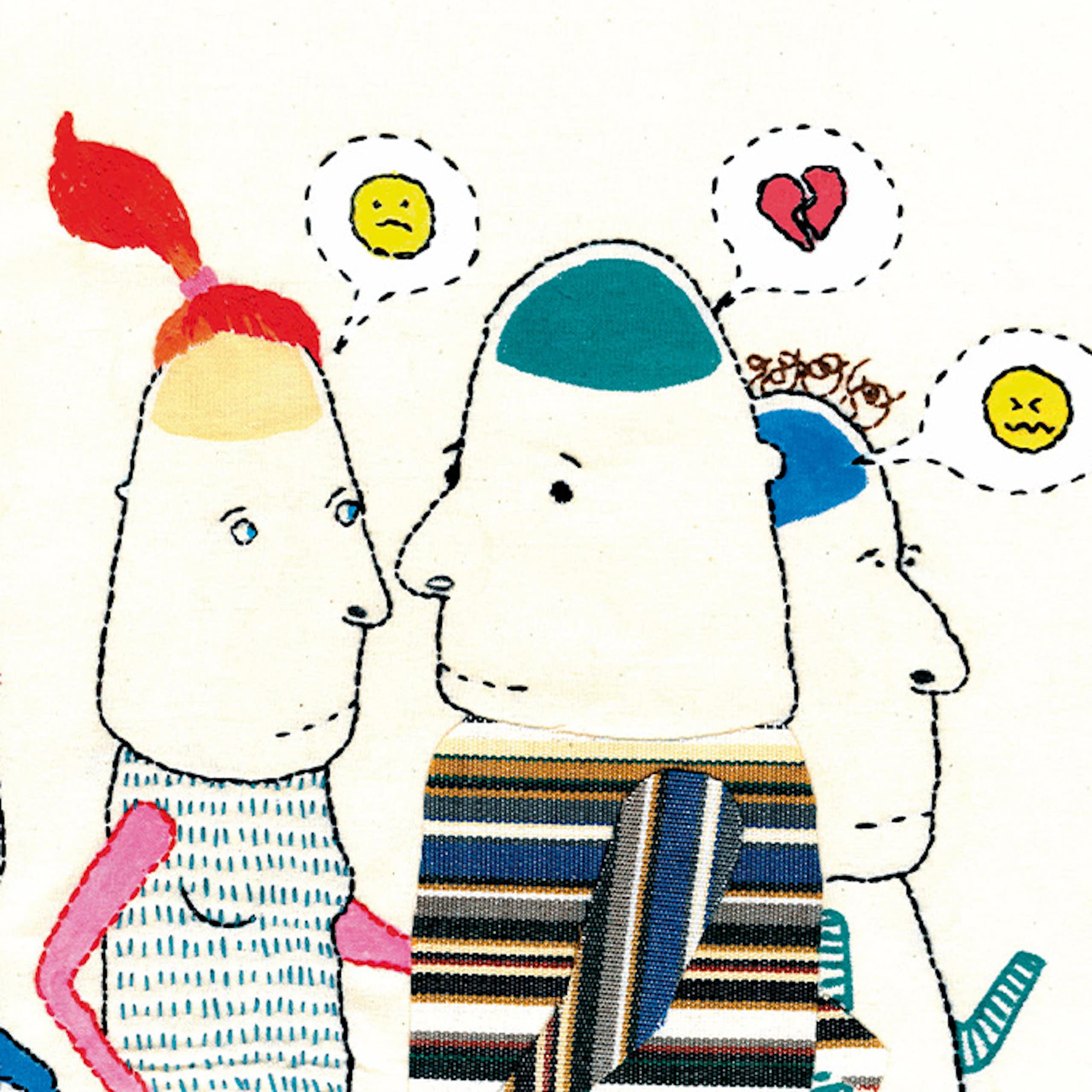 Ilustración que muestra a diferentes personas con bocadillos con emoticonos que representan sentimientos