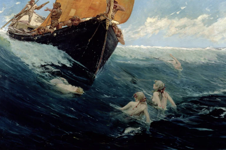 Painting of mermaids in the ocean by a ship.