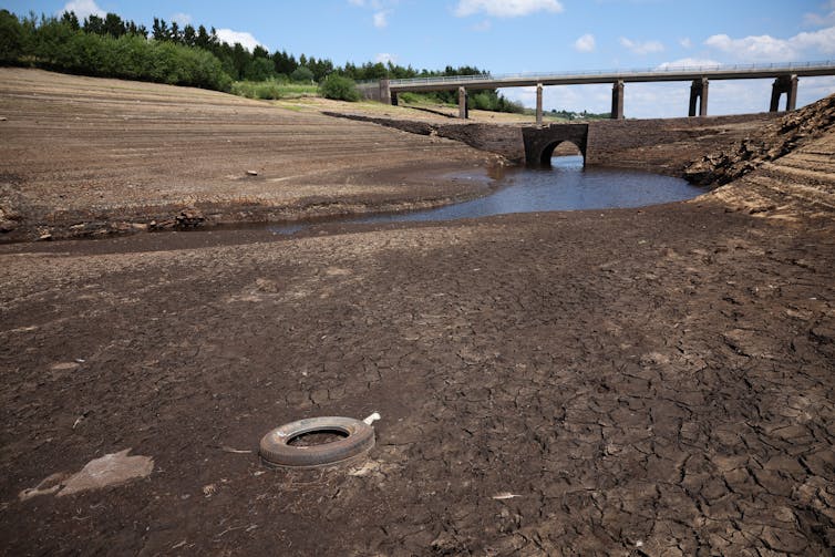 A reservoir with a very low water level.
