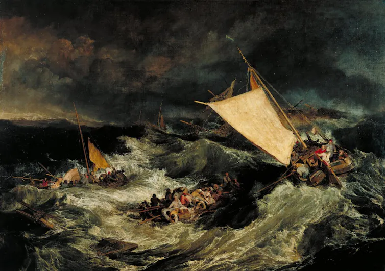 Painting of a boat in trouble at sea