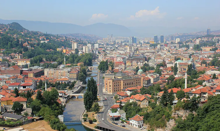 Panoramic view of Sarajevo, inclujding the old city.