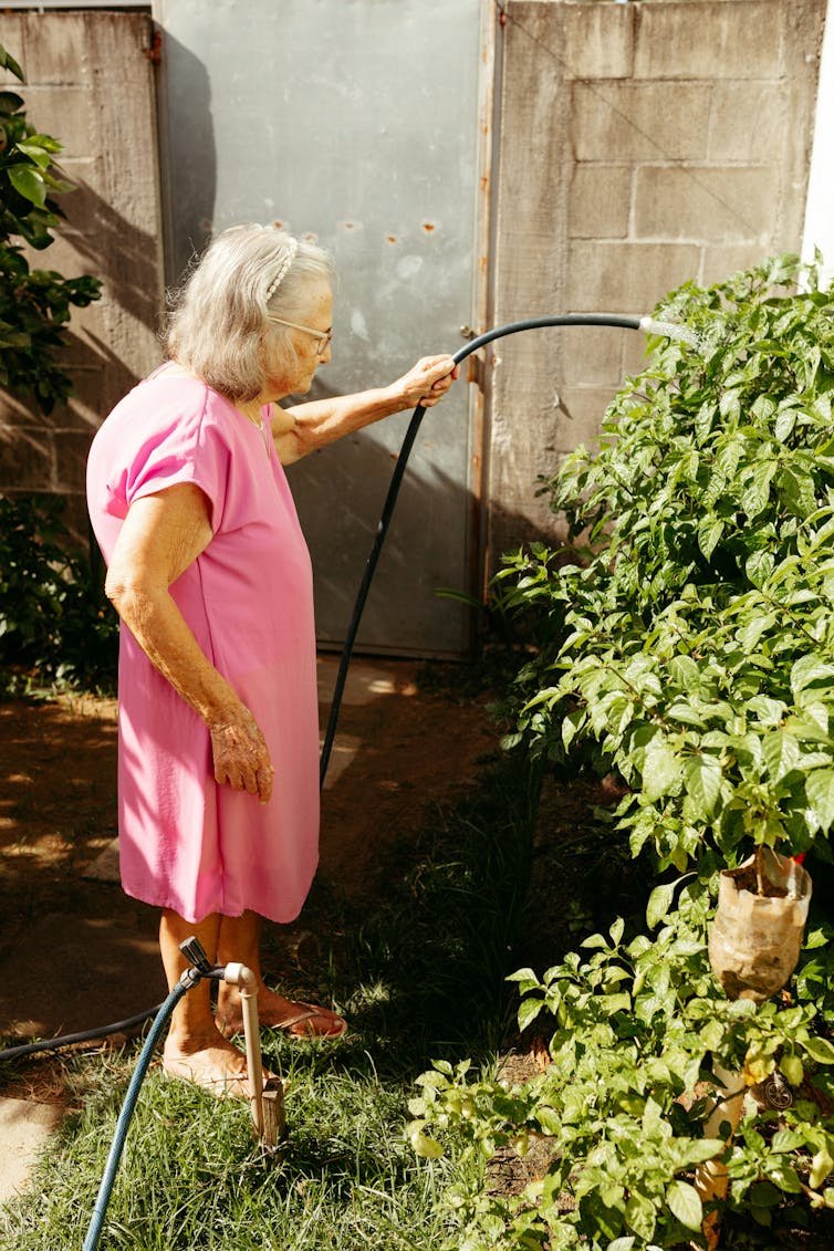 Une femme âgée en train d’arroser des plantes dans un jardin