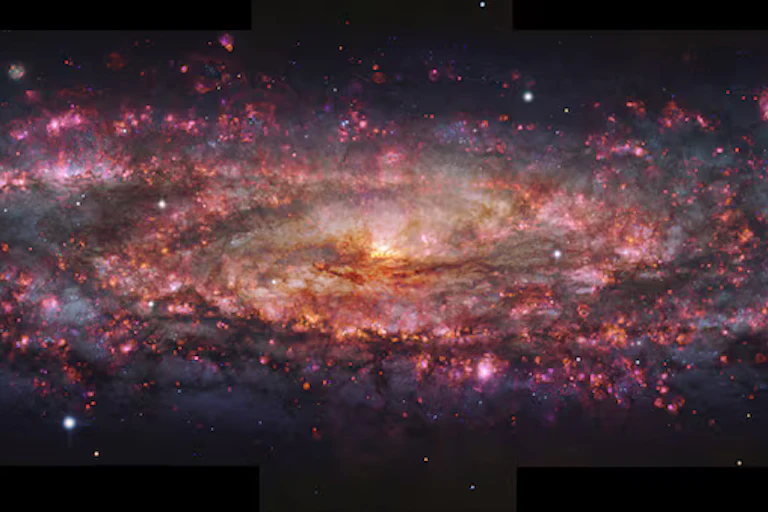 Imagem de uma galáxia espiral com um centro brilhante, rodeada por nuvens de gás coloridas e estrelas.