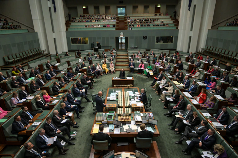 A birdseye view of a packed Australian House of Representatives