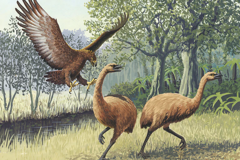 Restitution par le paléoartiste John Megahan d’un Aigle géant de Haast attaquant un couple de moas.