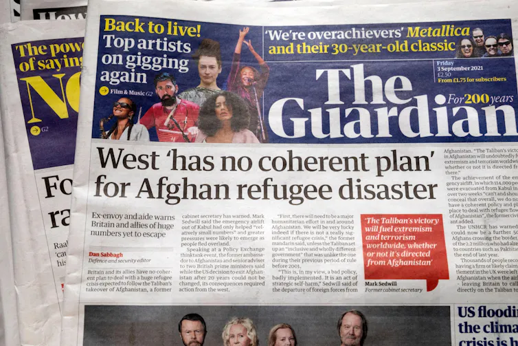 A Guardian front page from 2021 with the headline 'west has no coherent plan for Afghan refugee disaster'
