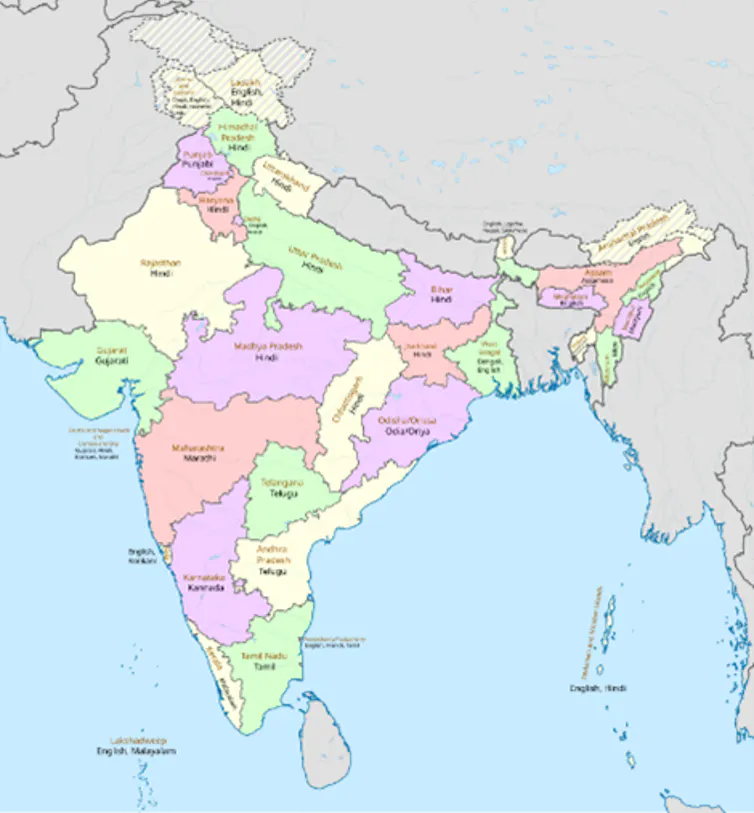 Map showing official languages of India by state and union territory.