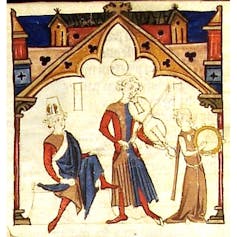 Miniatura del _Cancioneiro da Ajuda_, mostrando a un noble, un juglar con viola de arco y una _soldadeira_ con pandereta.