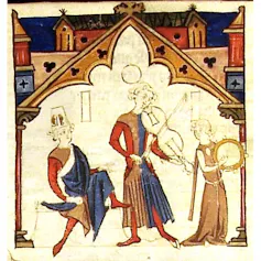 Miniature du Cancioneiro da Ajuda représentant un noble, un jongleur jouant de la vièle à archet et une soldadeira tenant un tambourin