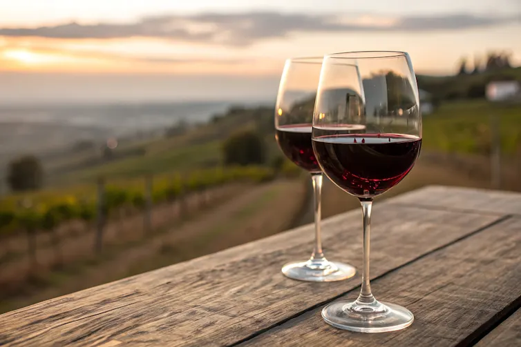 Two glasses of red wine on a wooden table in a vineyard.