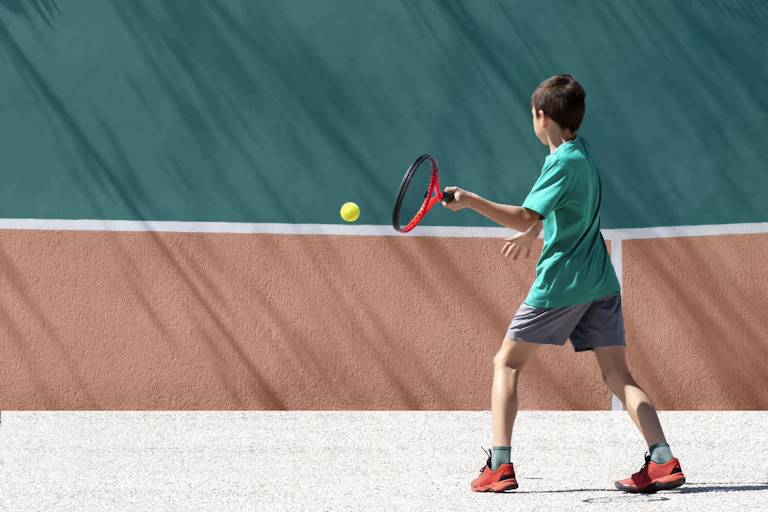 Boy hits tennis ball against wall
