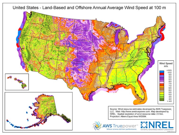 A U.S. map shows the strongest wind power potential in the central U.S., particularly the Great Plains and Midwestern states.